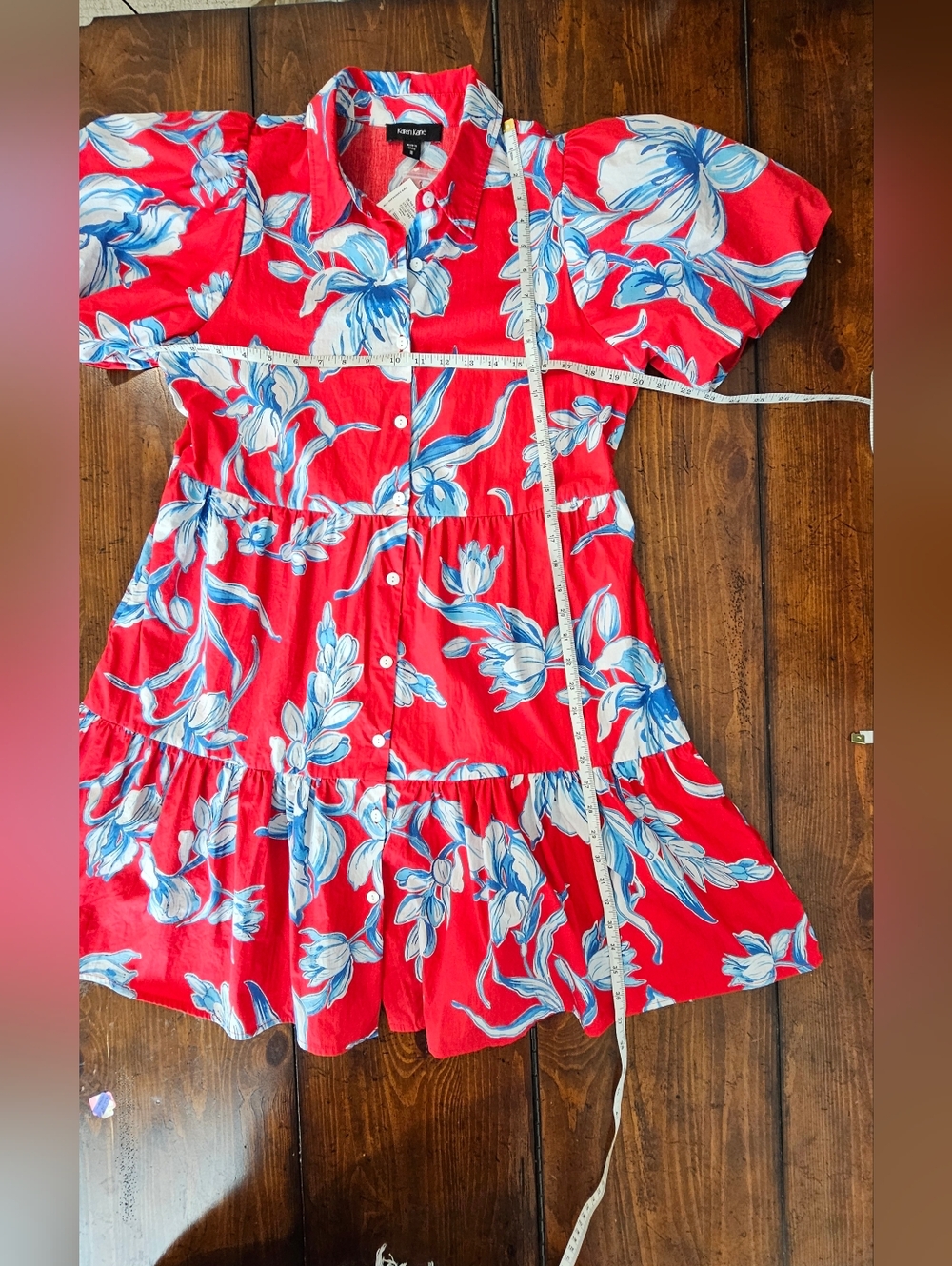 Karen Kane Red Floral Button-Front Puff Sleeve Tiered Midi Dress Women's Sz Med - Picture 9 of 9